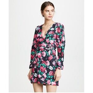Ronny Kobo Womens Edrea Floral Mini Dress Sz L Black Pink‎ Long Sleeve V-Neck